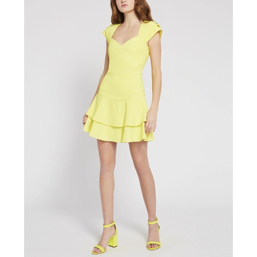 Alice + Olivia Neon Yellow Tiered Ruffle Mini Dress Sweetheart Neck Size 2